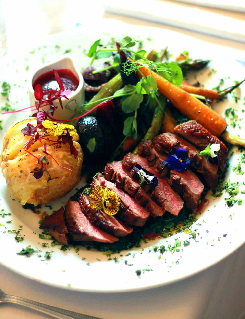 Plate of food, steak and vegetables